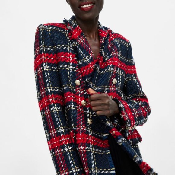 NWT Zara Red Tweed Blazer- Size Large - Picture 1 of 7